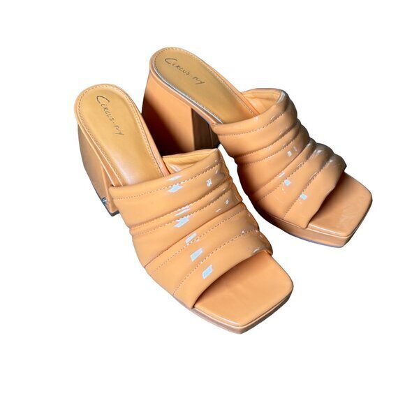 Circus NY Orange Platform Slides Patent Leather Chunky Heel Padded Tops Size 9 - Picture 1 of 10